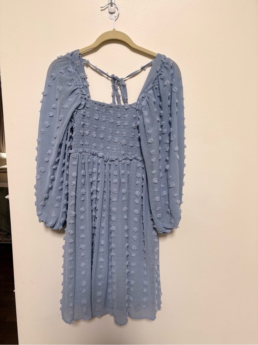 Pink Blush Listicle Smocked Sheer Long Bubble-Sleeve Mini Dress Baby Blue